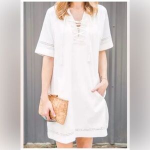 Madewell x Daryl K pullover shirtdress cutwork trim tassel tie neck pockets